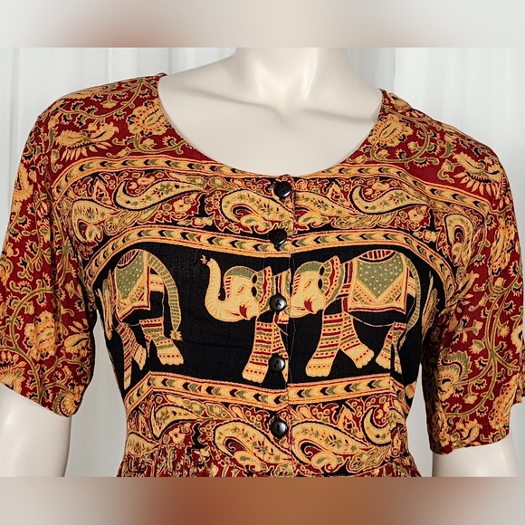 Vintage 90s hippie boho grunge crinkle india elephant dress S-L - Picture 2 of 7